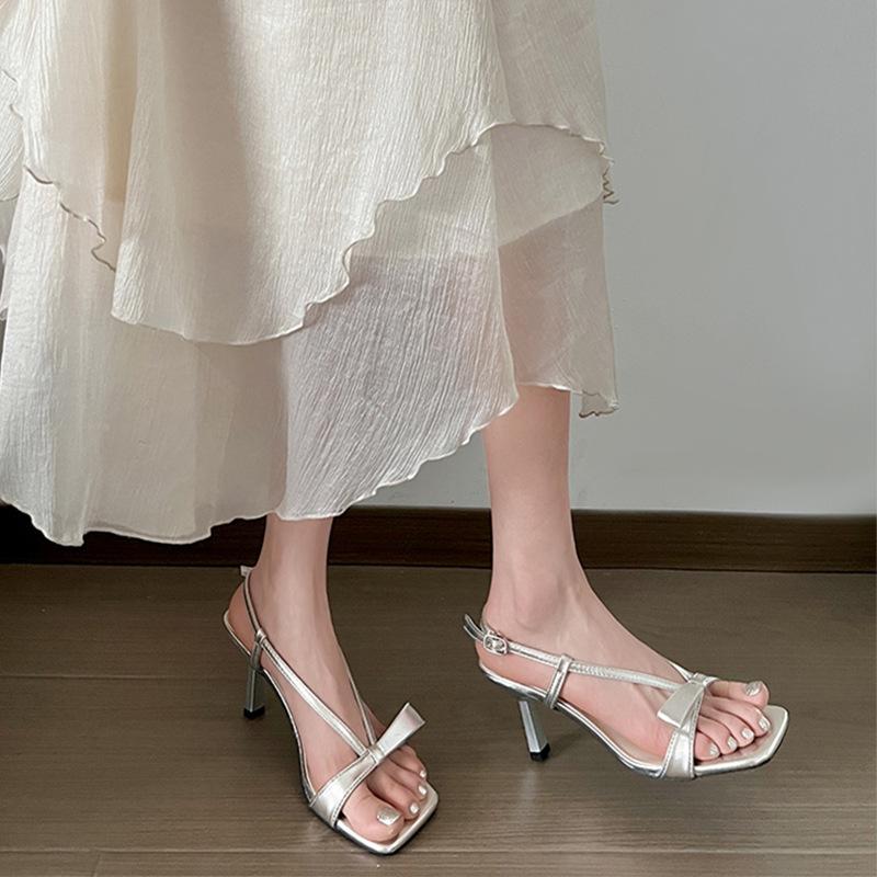 Silver Sandals Women's 2024 New Summer Wear Square Head Thin Heel French Temperament High Heels Women