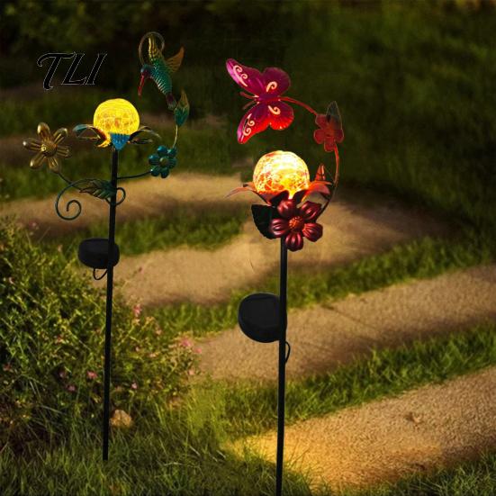 Energy Saving Pathway Decor Solar Glass Cracked Ball Garden Light, Butterfly Hummingbird Metal Romantic Courtyard Atmosphere Lights Stake Waterproof