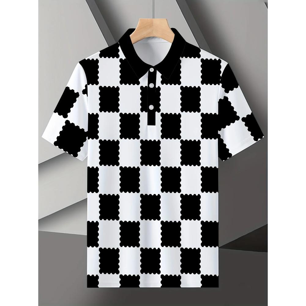 Летняя новая мужская футболка-поло с коротким рукавом 2026 года с повседневным модным и удобным 3D-принтом в клетку