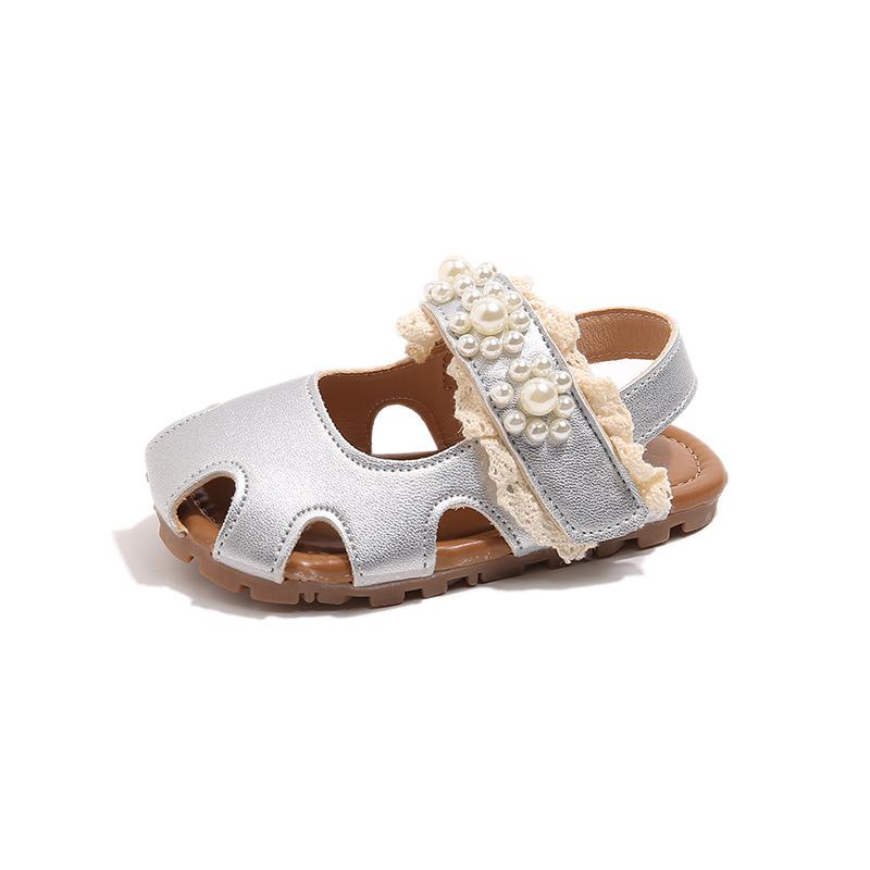 Girls' new summer princess shoes, Korean-style closed-toe sandals, soft-soled, non-slip, fashionable and versatile single shoes with pearls