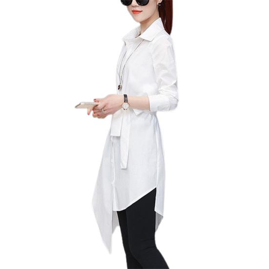 Women Shirt Long Sleeve All Match Loose Commute Mild-length Dressing Up Polyester Irregular Tied Belts Lady Shirt Female Clothing