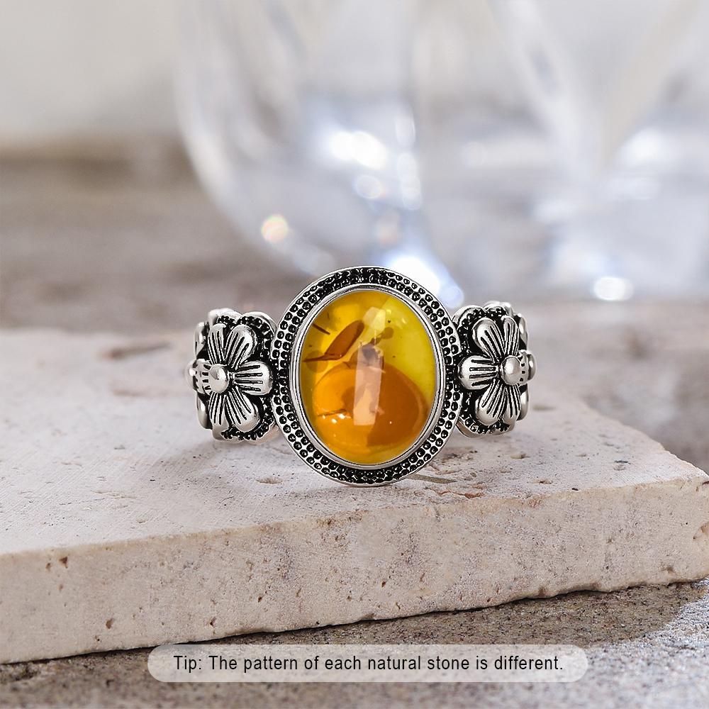 Кольцо из стерлингового серебра с натуральным янтарём, в форме цветка, овальное, лепестки, янтарные камни, подарки, изысканные украшения для женщин