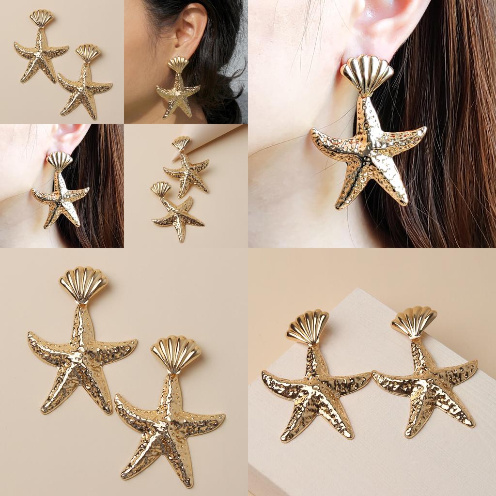 Fashionable Shell Gold Starfish Design Women Metal Earrings For Summer Beach
