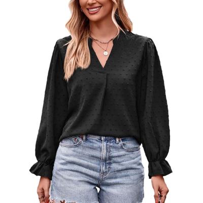Весенне-осенняя женская блузка, жаккардовая рубашка с v-образным вырезом, свободные топы с длинными рукавами
