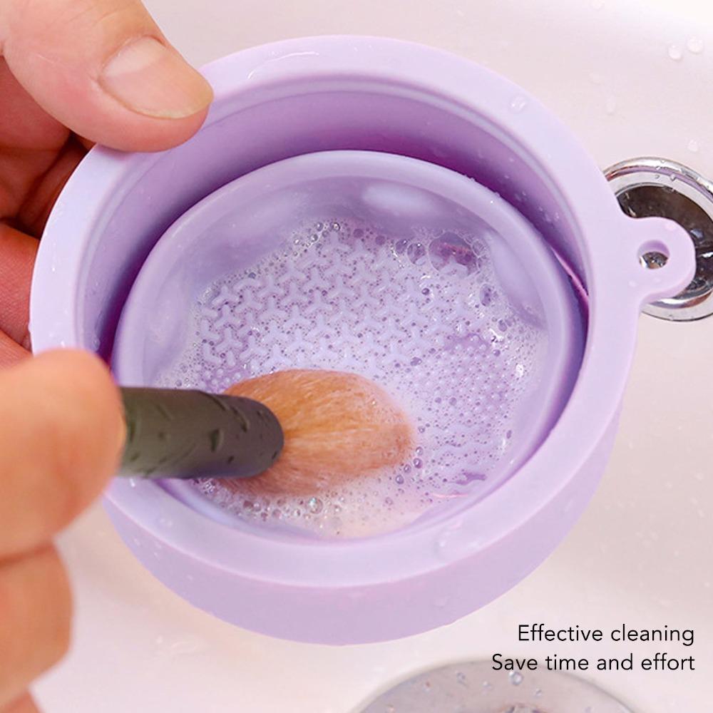 Portable Folding Makeup Brush Cleaner Cup Purple Silicone Scrubber Pad  Sponge and puff cleaning