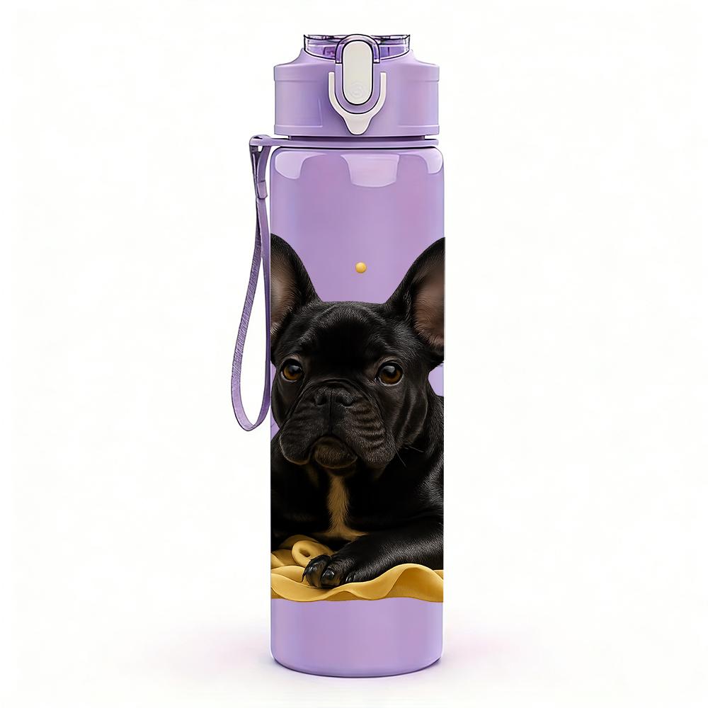 1PC Black French Bulldog Bust 750ml Color Plastic Sports Water Bottle Leakproof Flip Straw Lid For Sports Office Home Use