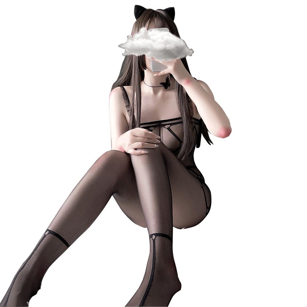 Женский прозрачный черный боди-комбинезон с чулками и открытой промежностью