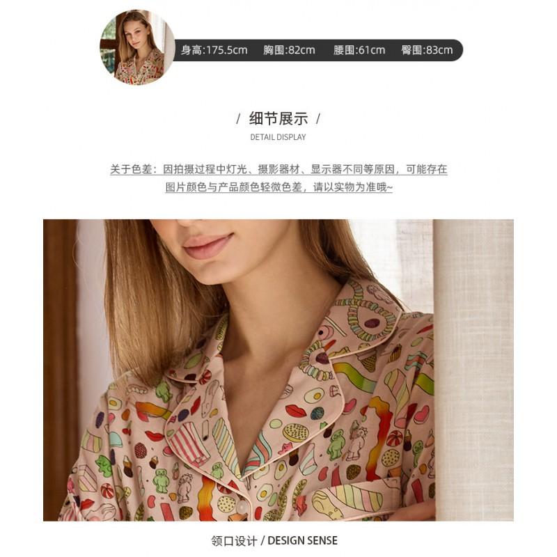 Womens Lightweight Double Layer Cotton Gauze Pajama Set Long Sleeve Printed Sleepwear Comfortable Home Loungewear