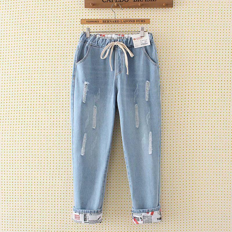 Женские весенние и осенние повседневные брюки большого размера с высокой талией, свободные джинсы с дырками, джинсовые укороченные брюки