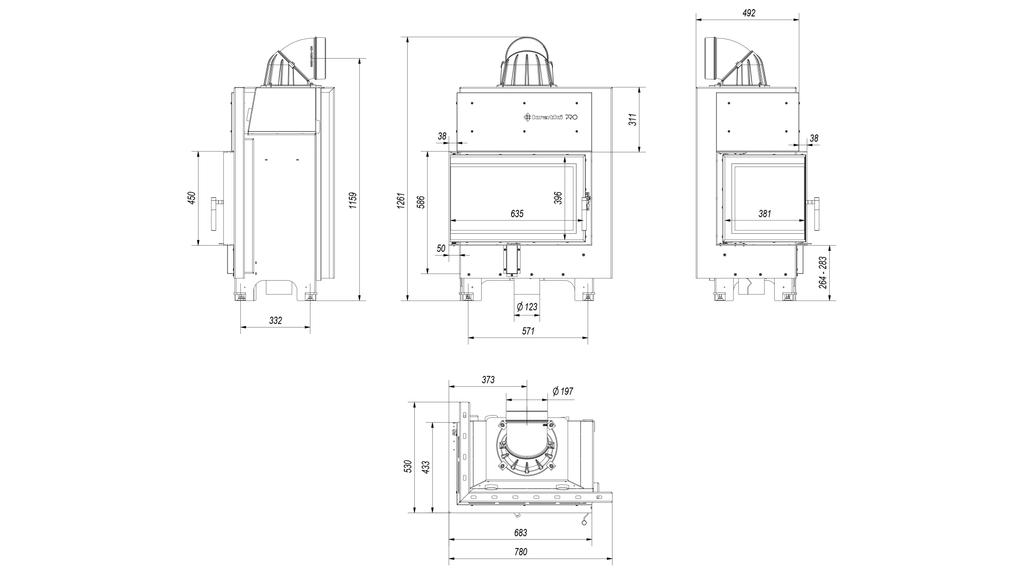 Steel fireplace KRATKI MBM left 10 kW Ø 200 self closing door