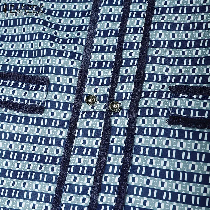 ZANZEA Женское платье-туника с V-образным вырезом, пышными рукавами и гладким принтом, повседневное, свободного кроя