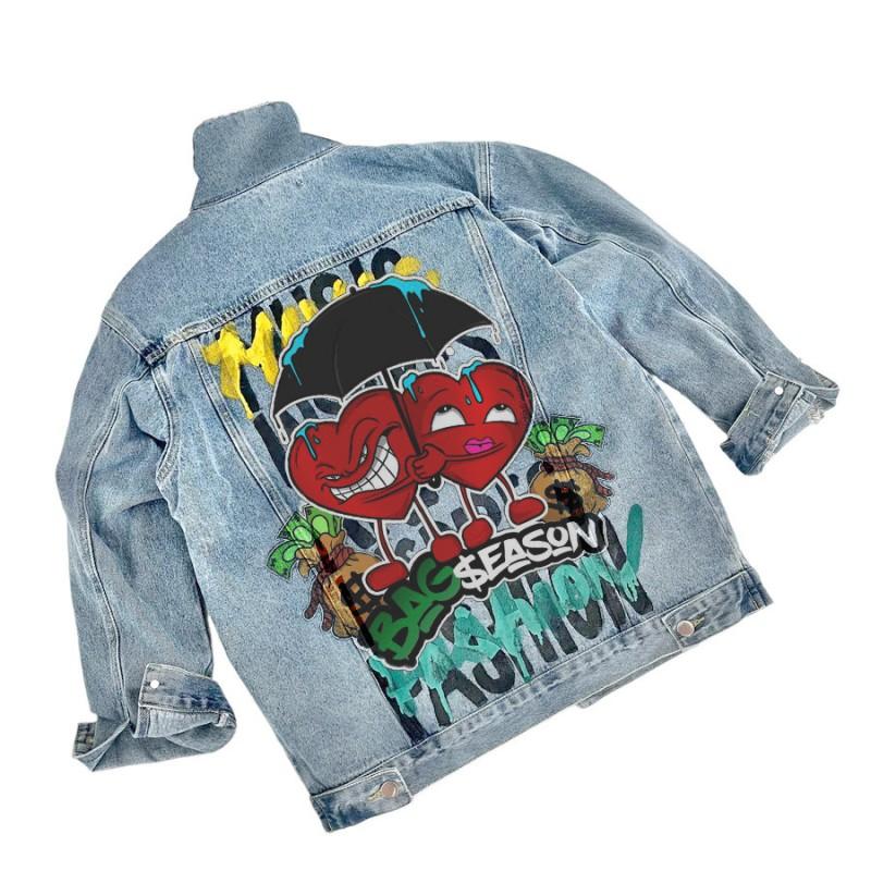 2618 Cartoon Graffiti Denim Jacket Womens Fall Winter Baseball Coat Streetwear