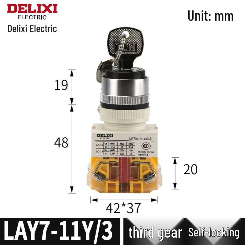 Кнопочный переключатель Delixi LAY7-11Y 22 мм, двух/трехпозиционный, самофиксирующийся, с поворотной ручкой-ключом