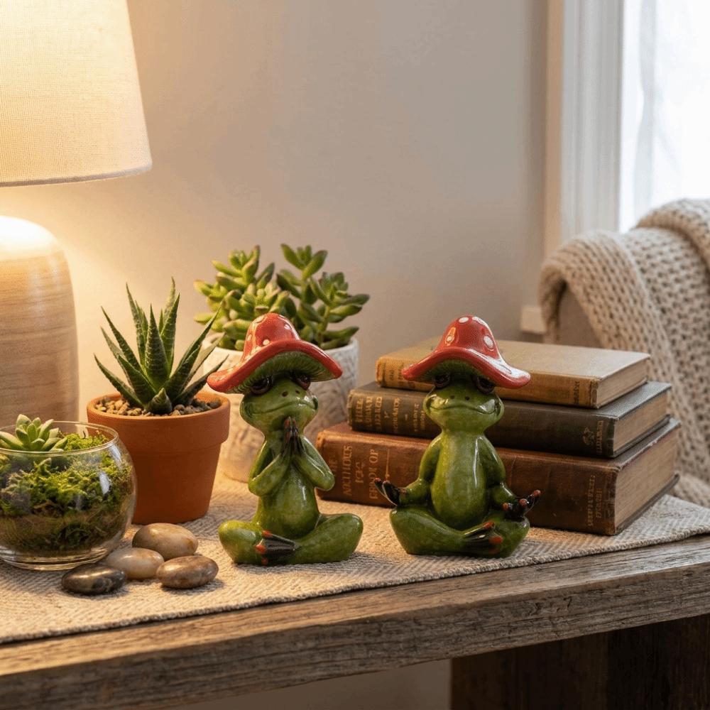 Handmade Yoga Frog Figurine Cartoon Mushroom Frog Statue Aesthetic Meditation Statue Garden Decor
