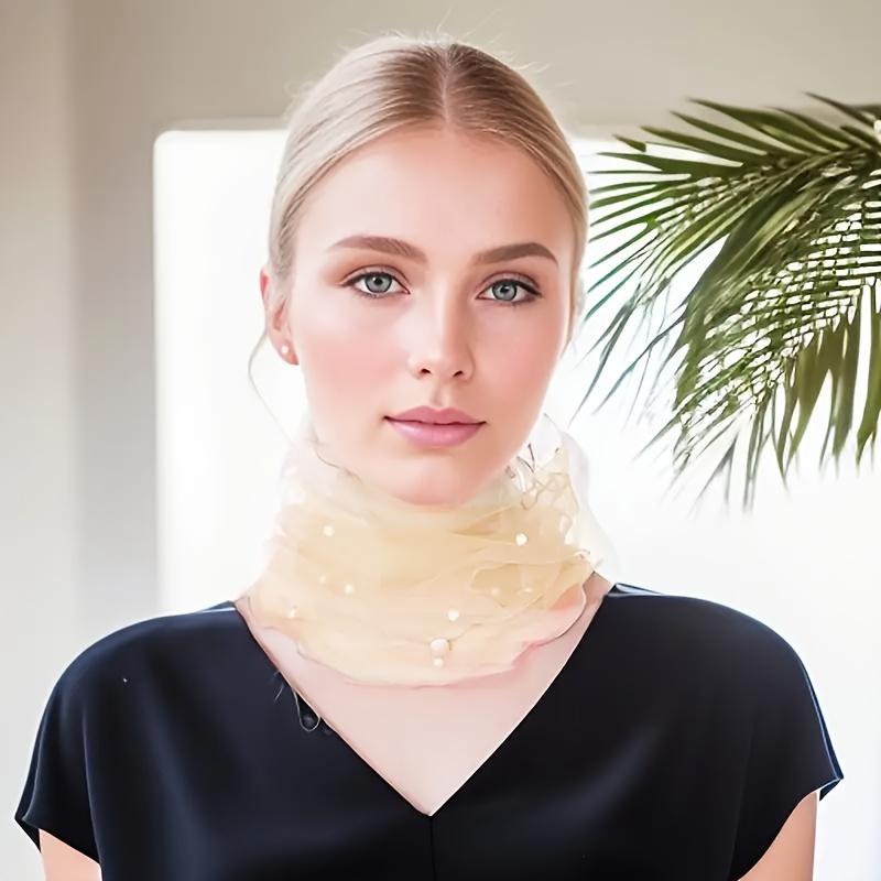 Fashionable Four-Season Nylon Mesh Scarf Adorned with Lace And Pearl Decorations, Providing Lightweight And Transparent Neck Protection.
