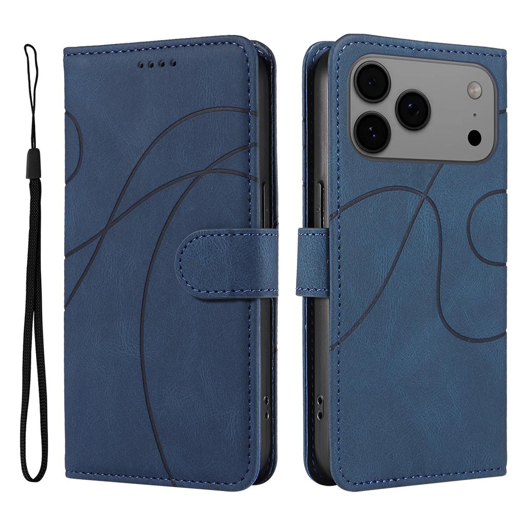 For iPhone 17 Pro Max Wallet Case Leather Phone Cover Stand with Curved Line Design