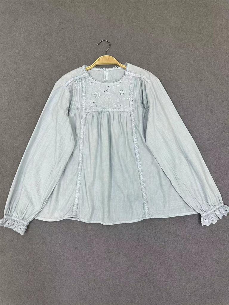 Johnature Лесные кружевные однотонные рубашки осенние вышитые тонкие женские повседневные простые свободные базовые топы