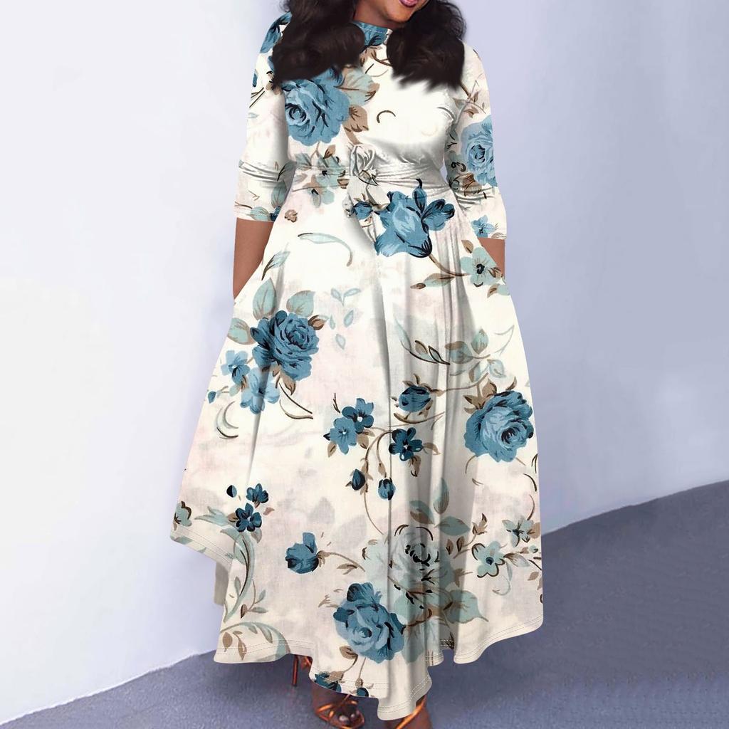 Женское повседневное модное свободное платье большого размера с цветочным принтом и круглым вырезом, рукавами три четверти, карманами и бретелями