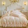 Romantic French Double Layer Lace Ruffles Carved Velvet Pink Bedding Set Plush Warm Duvet Cover Bed Skirt Pillowcases 4Pcs