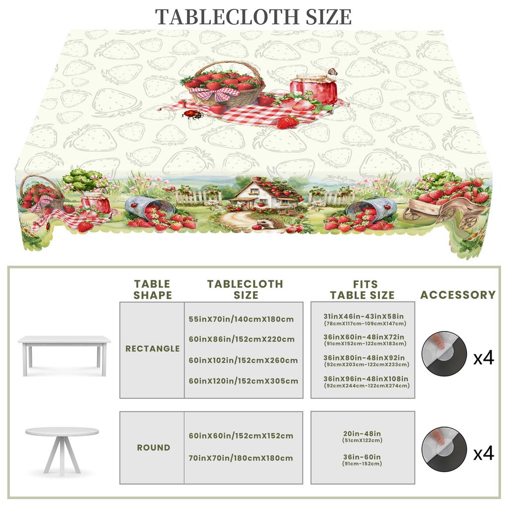 1 Piece Of Strawberry Theme Round And Rectangular Tablecloth, Available In Various Sizes, Pink Strawberry Pattern Printing Design, Retro Farmhouse, Sp