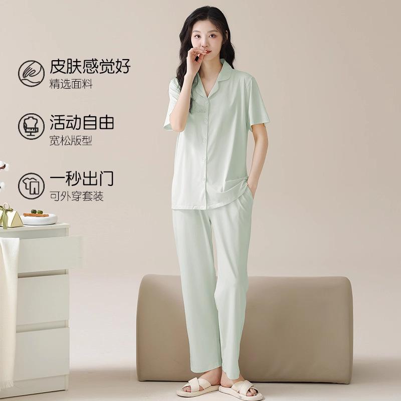 Three-piece pajamas women's summer lyocell cotton short-sleeved cardigan women's summer cool Tencel loungewear set