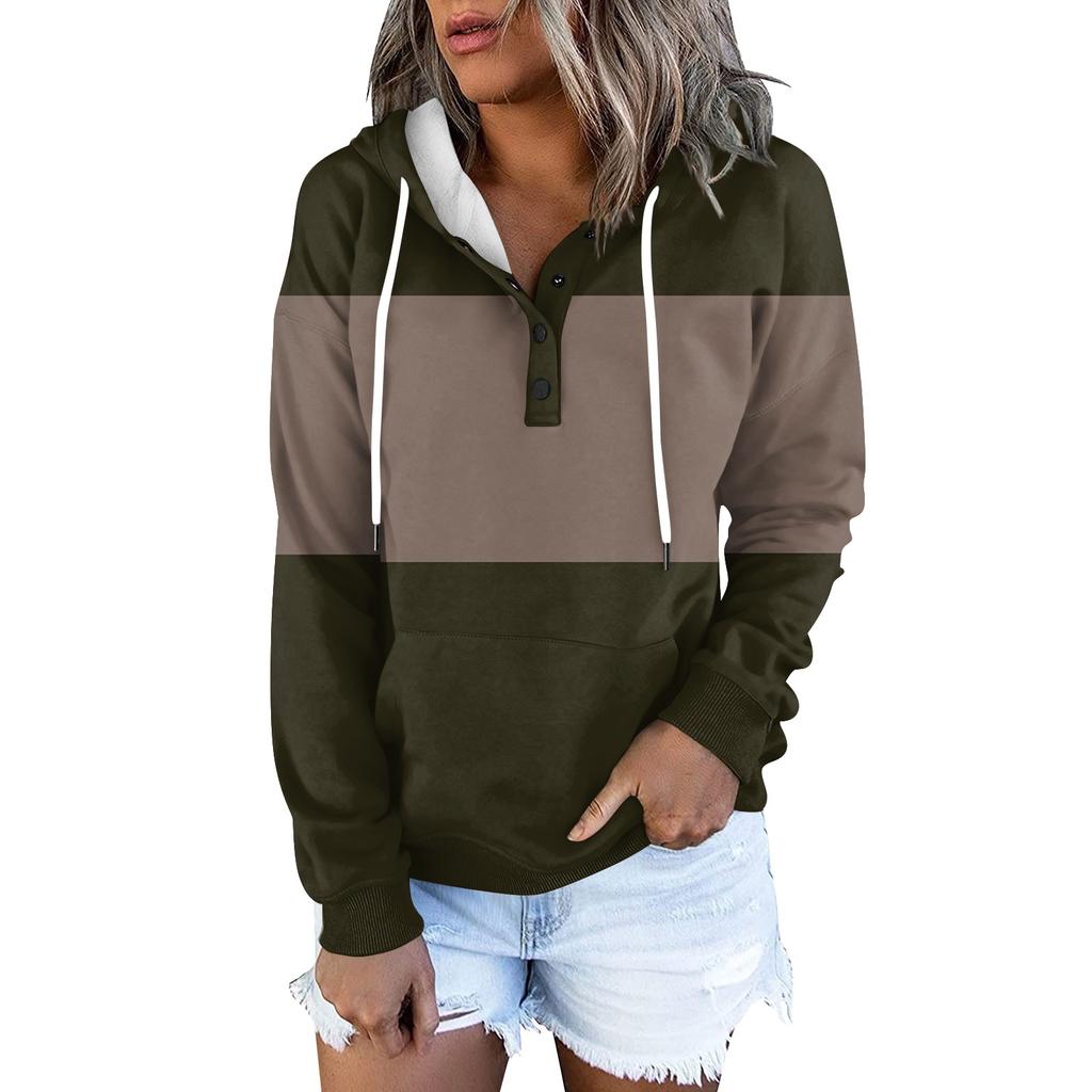 Womens Hooded Button Collar Drawstring Hoodies Pullover Sweatshirts Casual Long Sleeve Tops Shirts