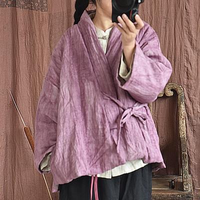 Женские теплые парки в китайском стиле с v-образным вырезом и длинными рукавами, осенние льняные винтажные однотонные женские парки