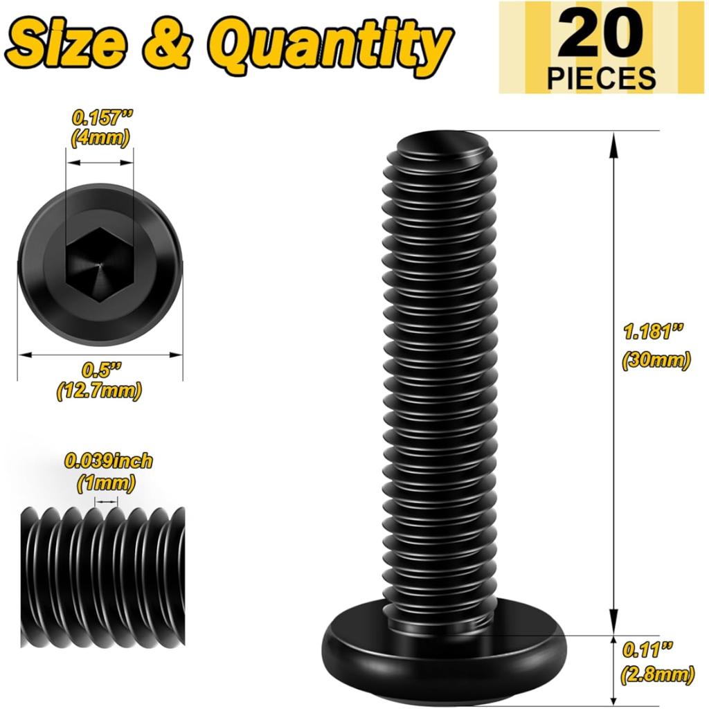 20 шт. болтов с плоской головкой и шестигранным углублением под ключ, болты для мебели из нержавеющей стали 304 с полной резьбой, черная оксидная пленка и шестигранный гаечный ключ