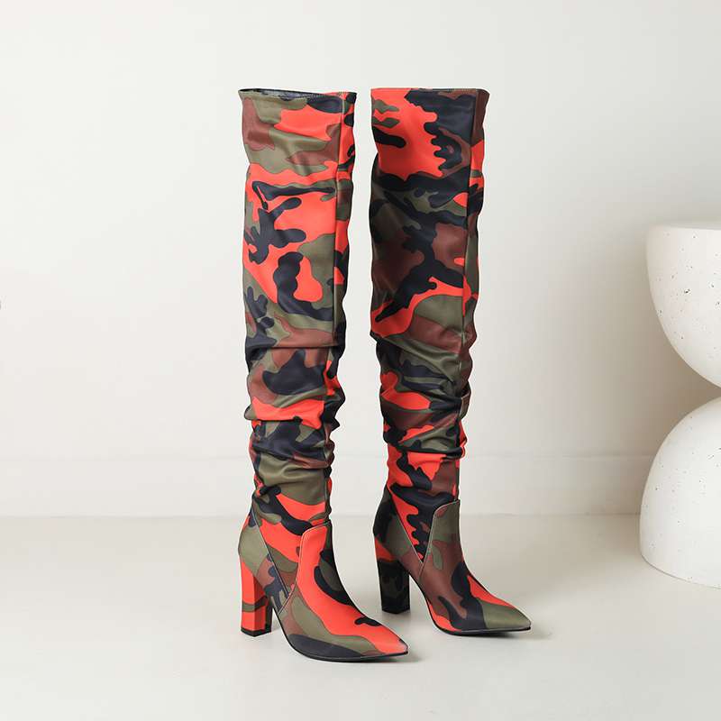 lenkisen Ткань с камуфляжным узором, осенне-зимняя обувь, супертонкие высокие каблуки, плиссированные ботинки, европейские теплые сапоги выше колена