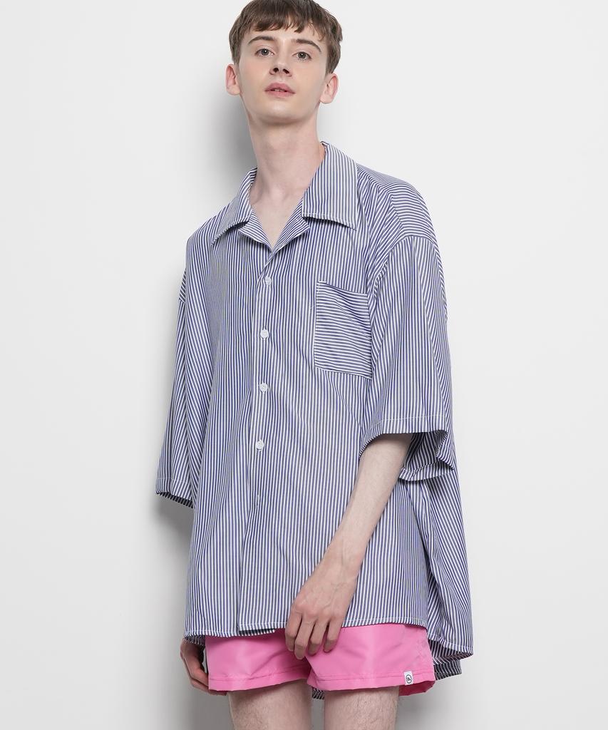 THE-ABON Men'S Summer Beach Overstripe Shirt Sky Blue