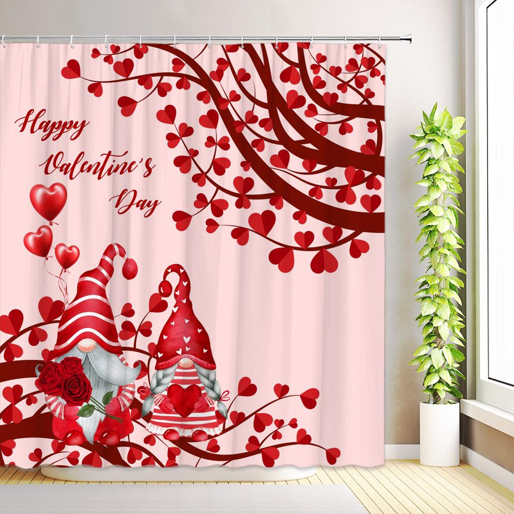 Valentine's Day Shower Curtain Romantic Pink Red Love Heart Rose Flower Mushroom Bathroom Decor Fabric Bath Curtain with Hooks