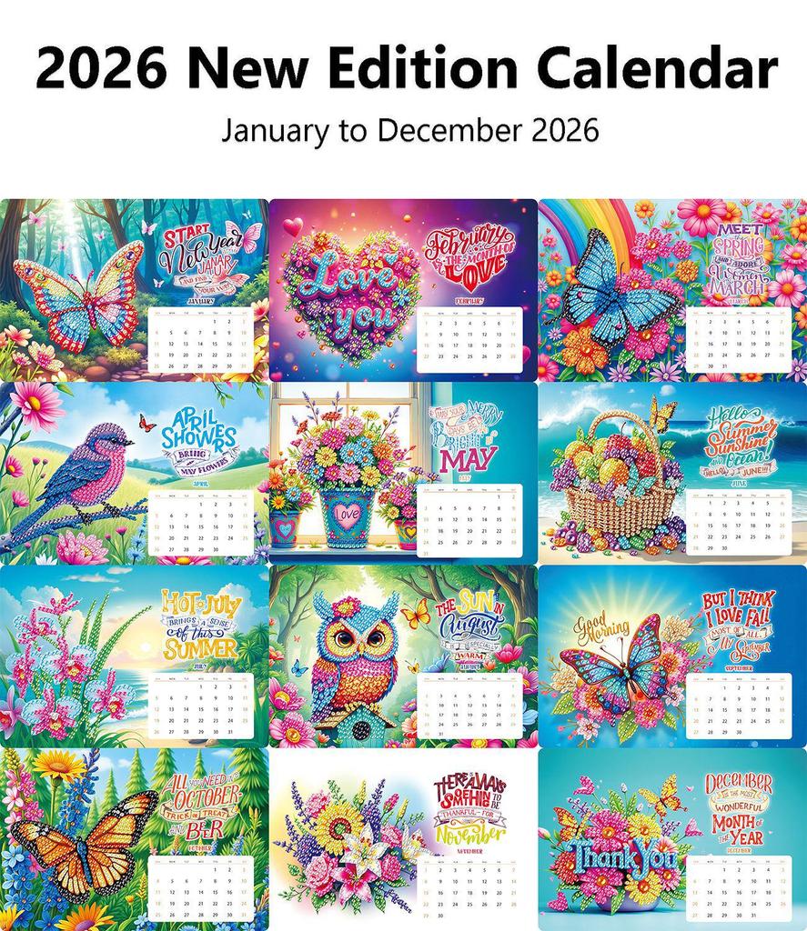 2026 DIY Diamond Painting 13-Page Desk Calendar with Cartoon Designs