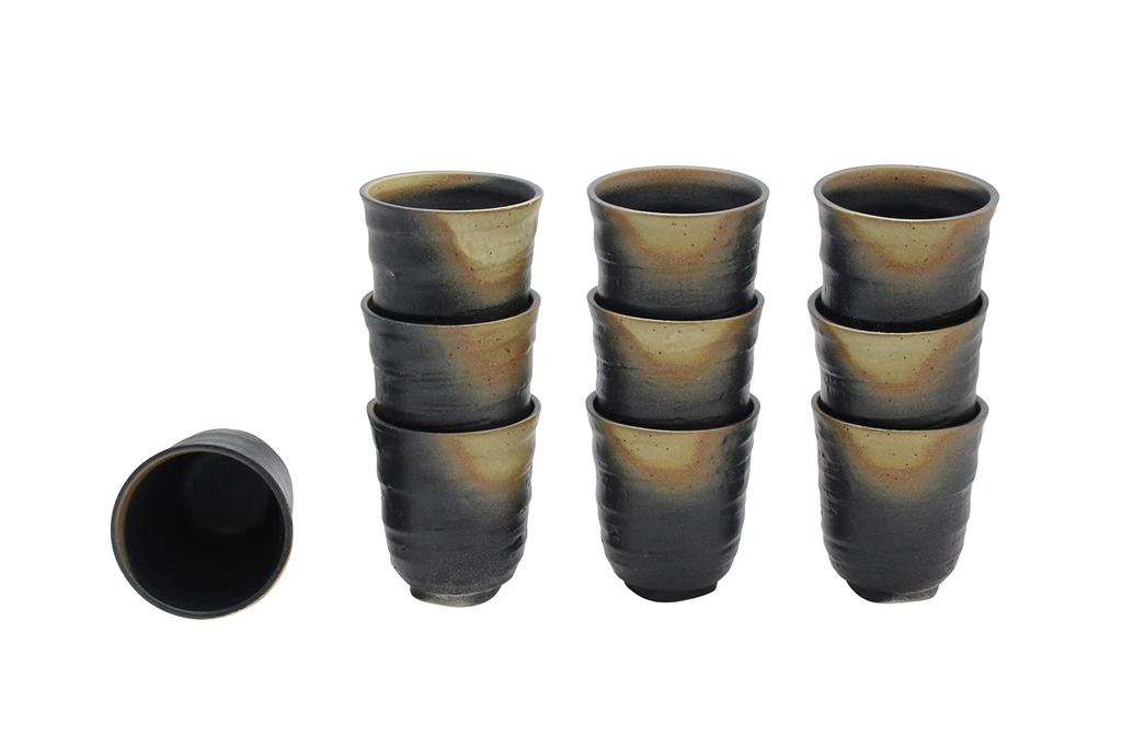 Castle Enterprise Mino Ware Japanese Cafe Series Manyo Teacups, Iga Bizen Style, Set of 10