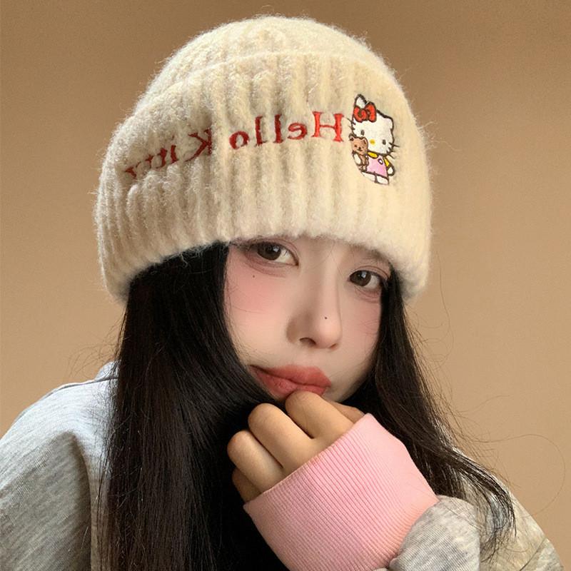 Вязаная шапка Hello Kitty для девочек, милая мультяшная, теплая, с защитой ушей, аксессуар для уличных танцев