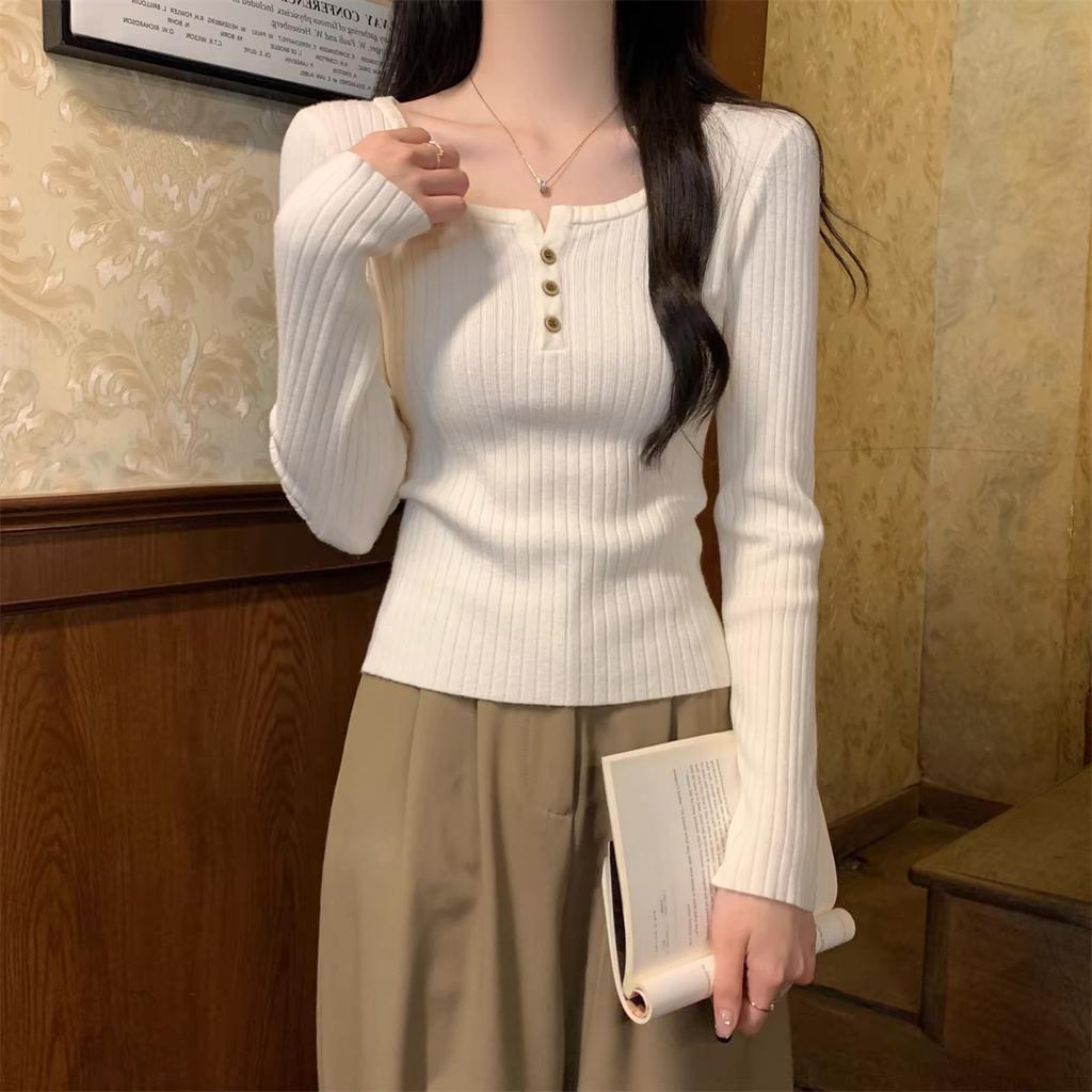 Женский трикотажный топ с длинным рукавом и низким вырезом в корейском стиле, осенне-зимний, стильный, облегающий, базовый слой, элегантная верхняя одежда