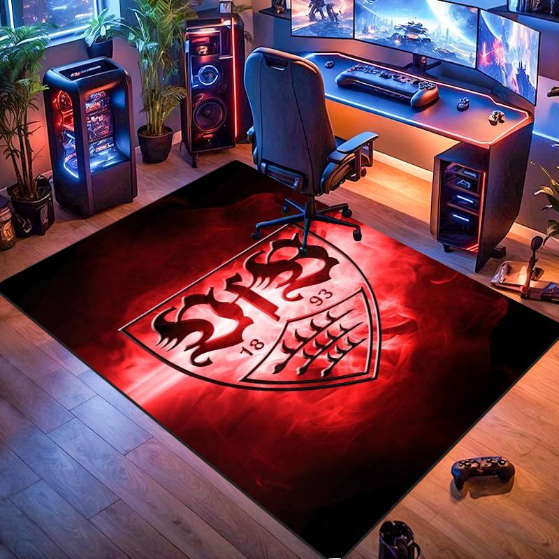 VfB Stuttgart Club Crest Red Smoke Effect Print Area Rug Non‑Slip Rectangular Floor Mat Football Fan Gaming Bedroom Living Home Decor Rug