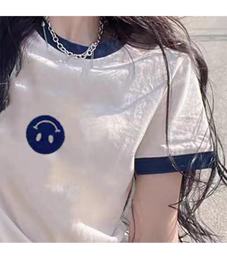 2025 Summer New Style [Smiling Face] Color Contrast Splicing Simple, Fashionable, Casual, Versatile Round Neck Short Sleeve T-shirt