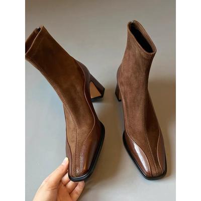 Женские полусапожки из овчины 2025 новые кожаные ботильоны на высоком каблуке осенне-зимние квадратные эластичные ботинки-носки на толстом каблуке французские тонкие ботинки