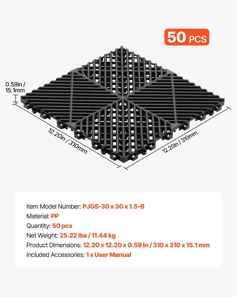Interlocking Drainage Mats, 310 x 310 mm, Modular Garage Flooring Tiles, Non-Slip PP Drainage Floor Tiles, Self-Draining, Easy Installation, for