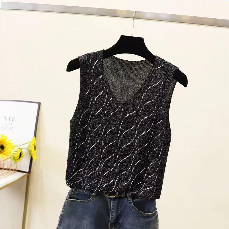 2023 Блестящий шелковый женский жилет без рукавов с V-образным вырезом - Новый стиль весна/лето, свободный крой с вязаным дизайном на бретелях с горячими бриллиантами