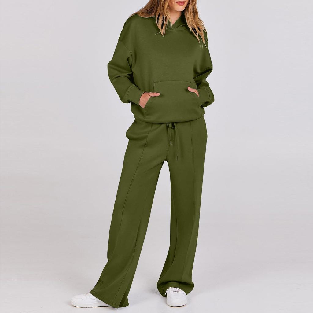 Women's Casual Solid Color Long-sleeved Hoodie Straight Pant Suit