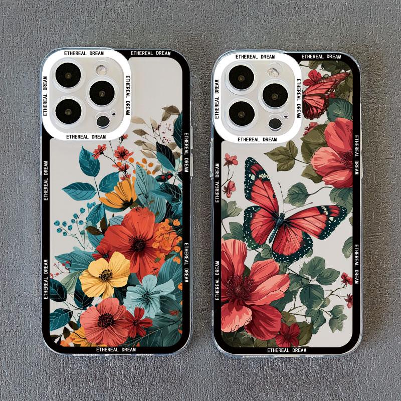 Винтажный прозрачный чехол с цветами для iPhone 15 14 Pro Max 12 11 13 Pro Max 7 8 14 15 Plus SE2 X XR XS, задние крышки с бабочками и растениями