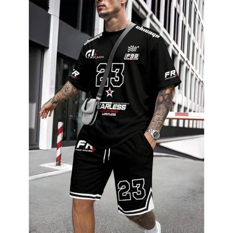 Men's Breathable Round Neck T-shirt Shorts Set with Digital Printing Outdoor Casual Two-piece Set