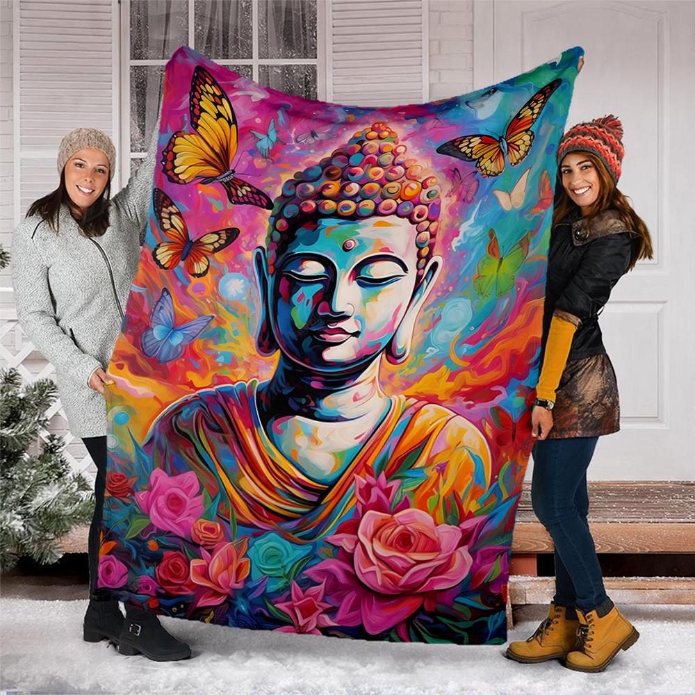1pc Buddha Art, Butterfly Throw Blanket Polyester Fiber, Lightweight Flannel, Soft & Warm, All Season Use for Outdoor, Camping Digital Print