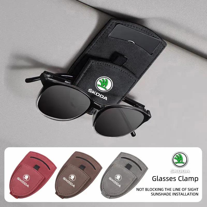 Car Suede Glasses Clip Sun Visor Sunglasses Clamp Holder For Skoda Octavia Superb Rapid Kodiaq Karoq Fabia Kamiq Enyaq Citigo RS
