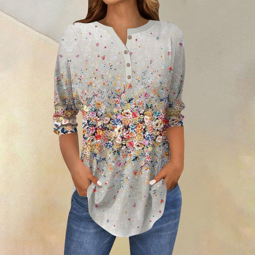 3/4 Length Sleeve Womens Tops Summer T-Shirts Floral Print V Neck Casual Basic Tee Button Shirts Tunic Tops