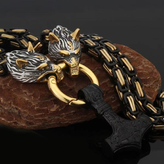 Мужское ожерелье Ретро Нордический стиль Викинг Молот Голова волка Кулон Амулет Толстая цепь Символ силы