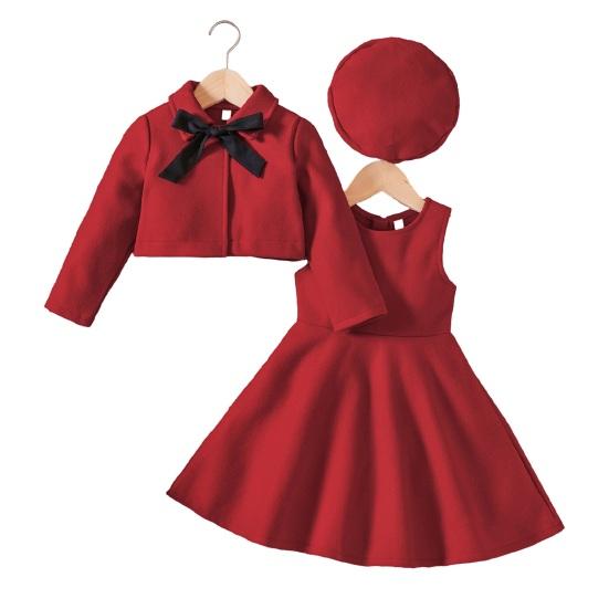 4 шт./компл., платье для девочек, куртка-берет, шапка с лентой и бантом, осень-зима, однотонное короткое пальто с отложным воротником, без рукавов, с круглым вырезом, комплект платьев трапециевидной формы с рюшами по подолу