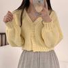 Сексуальный сладкий короткий вязаный кардиган, милый корейский свитер с рукавами-фонариками и v-образным вырезом для женщин, осенний простой укороченный розовый кардиган, пальто