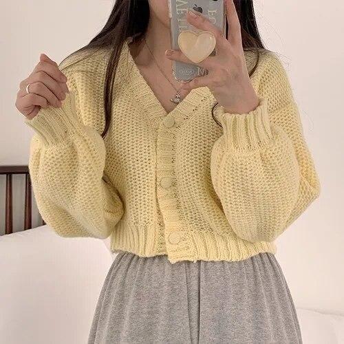 Сексуальный сладкий короткий вязаный кардиган, милый корейский свитер с рукавами-фонариками и v-образным вырезом для женщин, осенний простой укороченный розовый кардиган, пальто